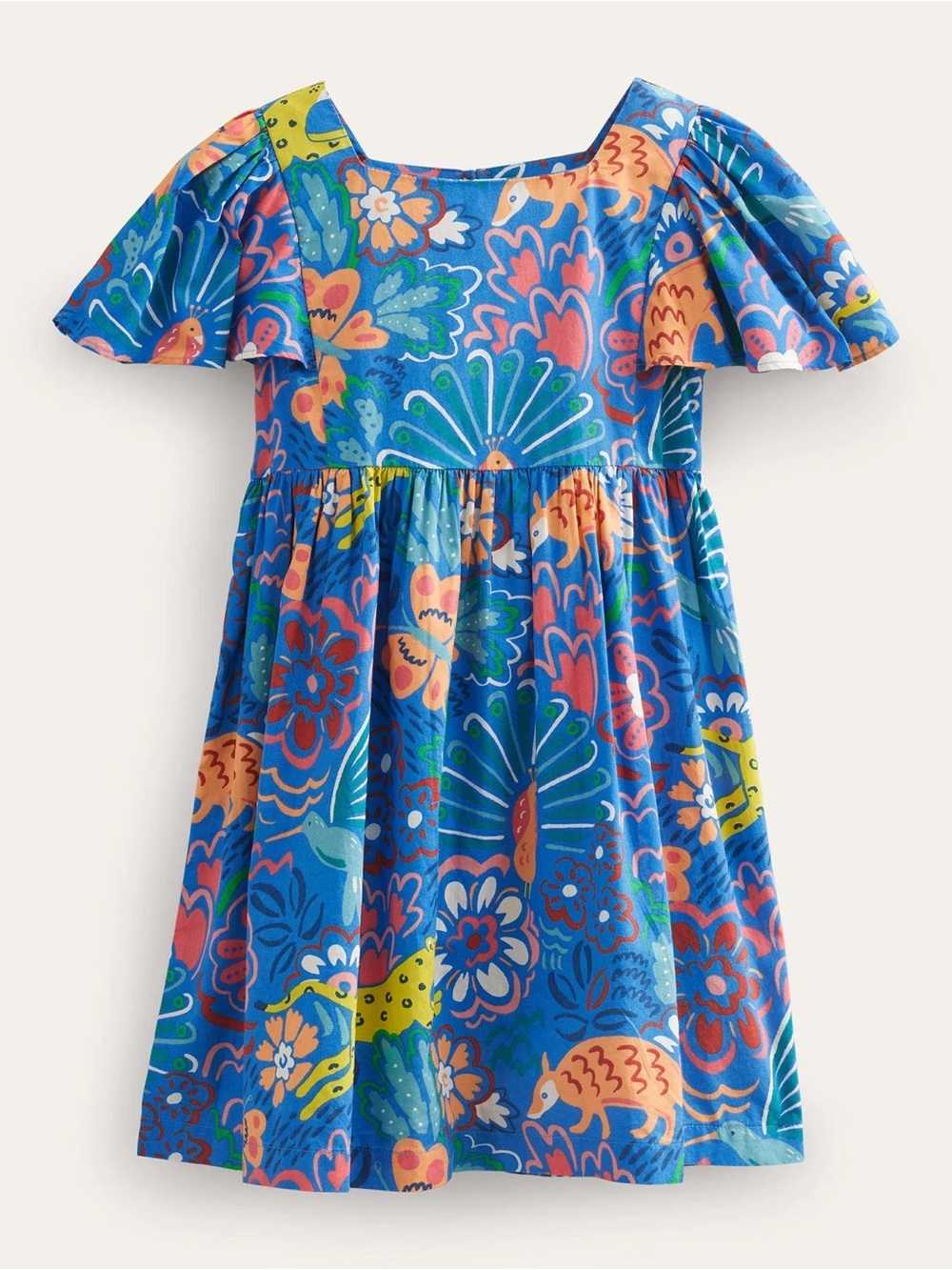 Mini Boden Girls Blue Animal Floral Print Cotton Dress Size 9-10 Years (140 cm)